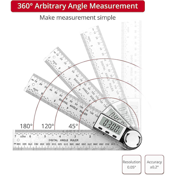 Digital Vinkelmätare 0-360° Digital Inklinometer Rostfritt Stål Vinkelgradskiva Linjal med LCD-Display för Träbearbetning Konstruktion Reparation, 1 st