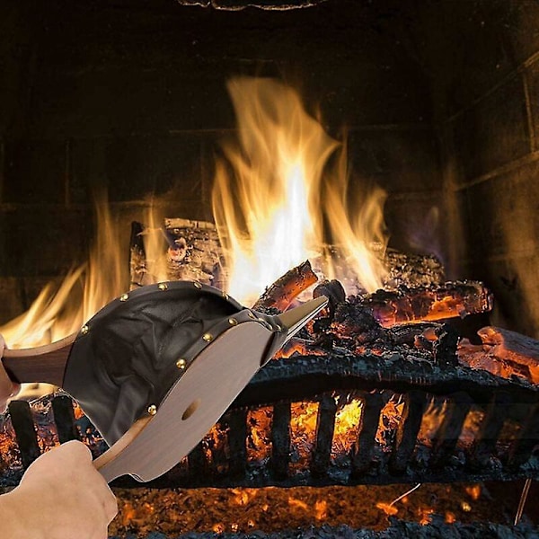 Blæser, Pejsblæser, Manuel Træpejsbælg, Støbejernsdysse med Snor til Pejs, Grill, Udendørs Camping (Brun)
