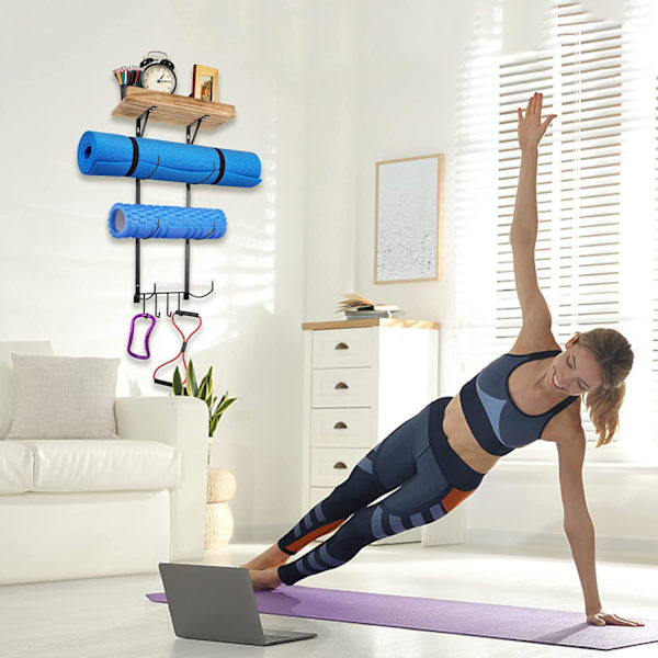 Vægmonteret yogamåtte skumrulle og håndklædeholder yogamåtteholder til ophængning af yogarem modstandsbånd