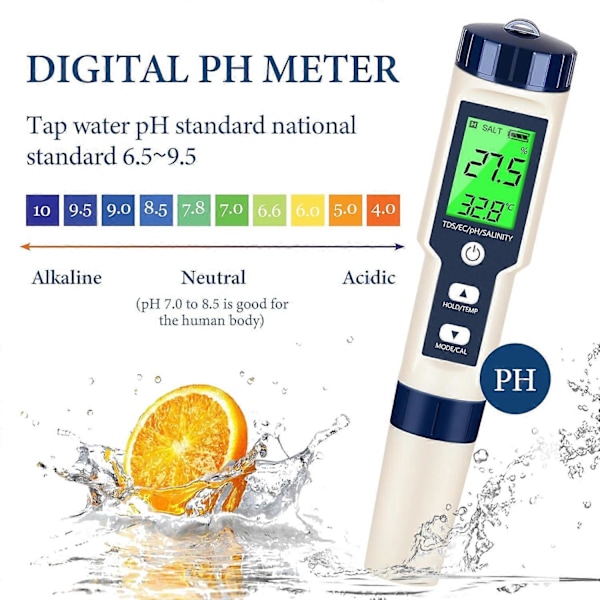 PH-mätare & TDS-mätare Digital Vattentestare 5 i 1 Salthaltsmätare PH Temp EC och TDS-mätare, PH-mätare för Vatten med LCD-bakgrundsbelysning, Vattentestkit för D