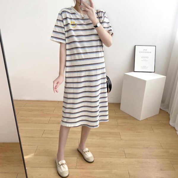 T-shirt kjole casual medium længde moderigtig graviditetskjole kort ærme løs pasform enkel stribet print blå hvid L