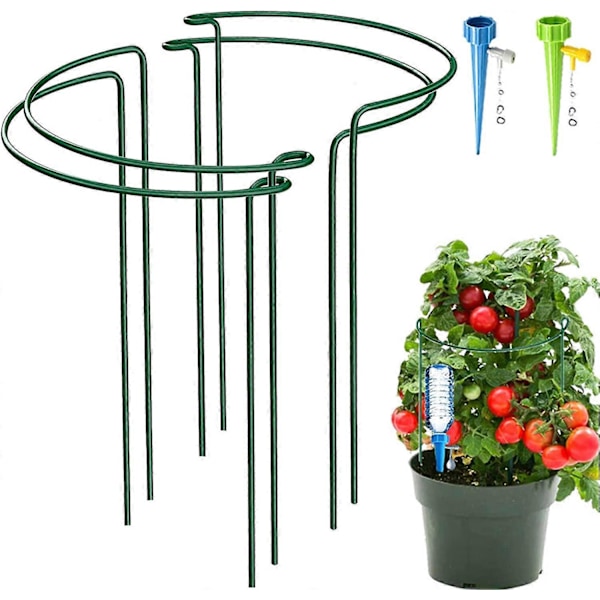 Pakke med Halvrunde Plantestøttepinde til Haven, Bueformet Blomsterringbur i Metal med 2 Selvvandingspinde til Pæoner, Hortensiaer, Sammenkoblet til C