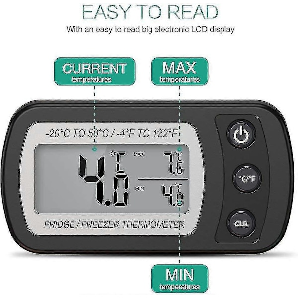 Digital Kylskåpstermometer, Vattentät Frysskåpstermometer Med Krok, Lättläst LCD-Display, Max/min Registreringsfunktion, Perfekt För Hem, Restauranger A
