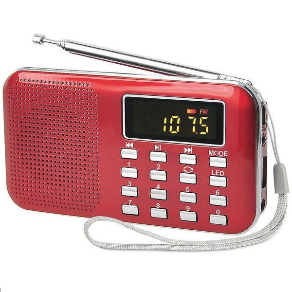 Kannettava punainen FM/AM-akkuradio, jossa MP3-soitin, kaiutin, TF-kortti/ USB tuki, taskulamppu – ihanteellinen selviytymiseen, kylpyhuoneeseen, matkustamiseen ja ulkokäyttöön