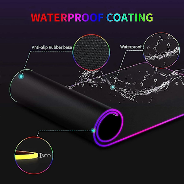 RGB-pelihiirimatto, Laajennettu suuri hiirimatto 14 valaistustilalla, Vedenpitävä ja liukumaton kumipohjainen näppäimistömatto Pehmeä pelimatto Koko 31,5x12 I