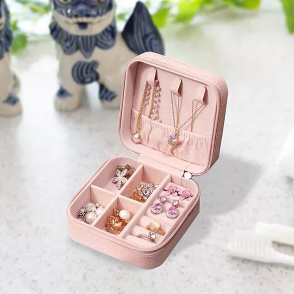 Bärbar smyckeskrin med flera fack, lätt miniresesmyckeskrin med dragkedja för hem och affärsresor, rosa