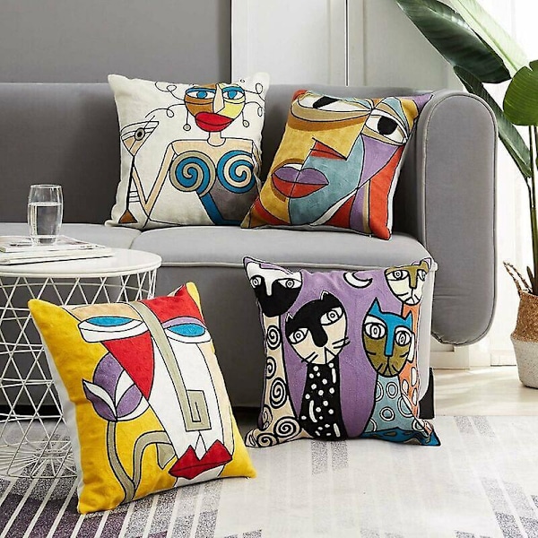 Set med 4 Picasso Kuddfodral 45x45 cm Broderade Bomull Linne Soffkuddar Skandinavisk Vardagsrumsdekoration Sovrum Säng Kontor Fåtölj D