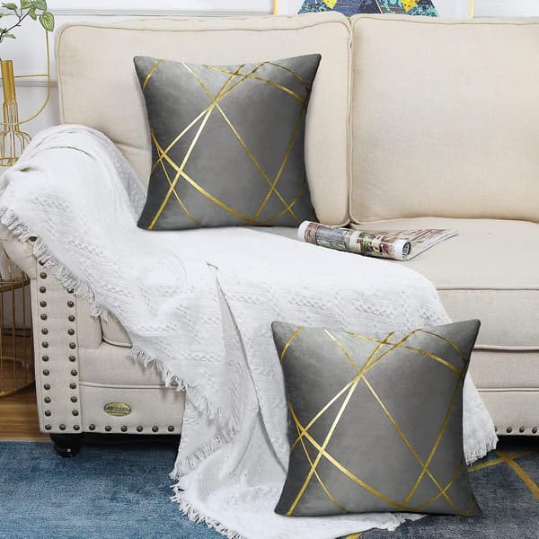 Grå Velvet Sofa Sett - 2 Deler, 45x45cm, Gull Linjer Geometrisk Design