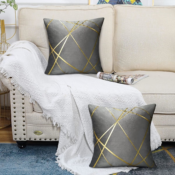 Gråt Velour Sofasæt - 2 Dele, 45x45cm, Guld Linjer Geometrisk Design