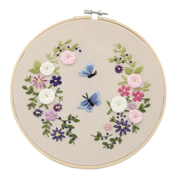 Broderikit Blommigt Stämplat Broderiset DIY Materialväska för Nybörjare Entusiast Fjäril 20cm Bambu Broderiram