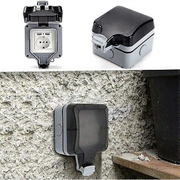 IP66 Vedenpitävä pistorasia USB-liitännöillä, ulkokäyttöön tarkoitettu pistorasia suojakannella, seinäpistorasiakotelo puutarhaan, autotalliin, uima-altaalle