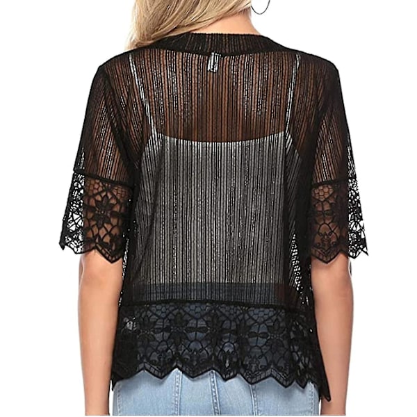 Blondert kort ermet åpen foran bolero shrug for kvinner - sommer casual cover up M svart