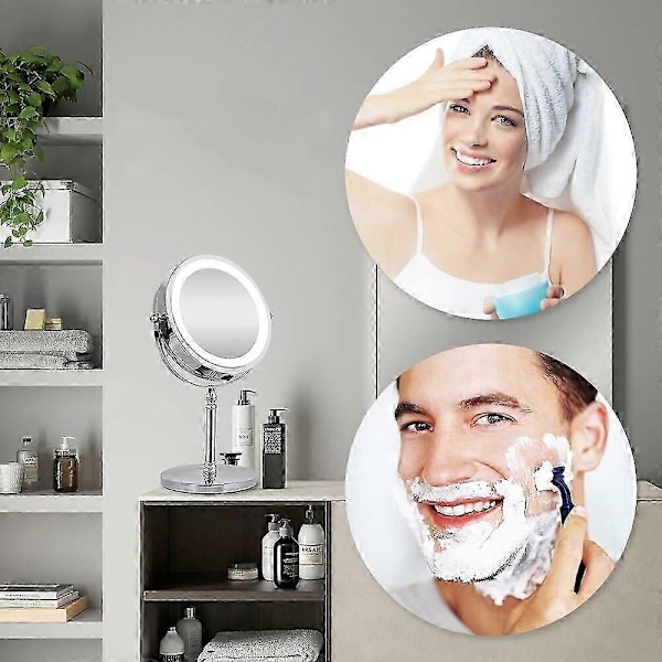 10X Forstørrelses Makeup Spejl Med Lys LED Kosmetiske Spejle Rund Form Bordplade Vanity Spejl Dobbeltsidet Baggrundsbelyste Spejle Sølv