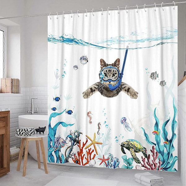 Bruseforhæng 180 x 180 cm Dykkerkat Ocean Printet Vandtæt Badeforhæng Vaskbart Anti Hurtigtørrende Polyesterstof Badeværelsestilbehør med 12 Kroge