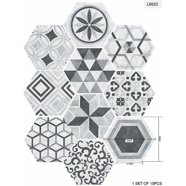 Hexagonala kakelklistermärken i industriell stil, 200 mm x 230 mm, paket med 10, halkskydd, självhäftande, avtagbara väggdekaler