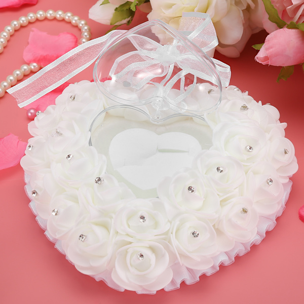 Romantisk hjerteformet gifteringboks Rose Rhinestone dekor ringpute (hvit)