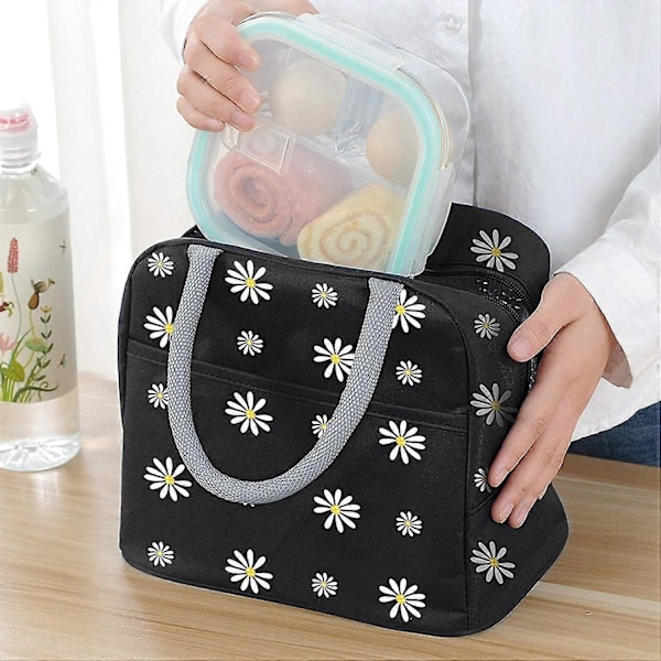 Isolerad Lunchväska, Portabel Kylväska Daisy Mönster Lunchlåda Organizer Tote Väska Kvinnor Vuxna Barn Flickor Arbete Skola Picknick Campingtur (Svart)