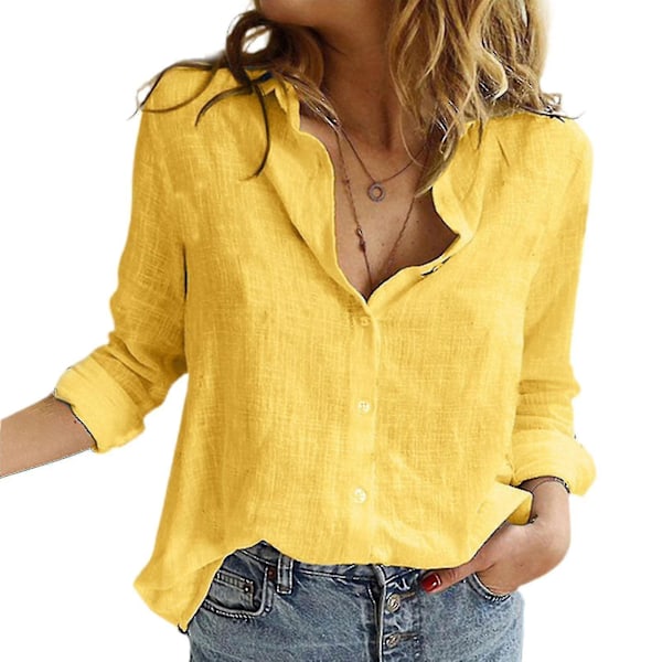 Linen Lapel Button Casual Women's Shirt Tops M Yellow