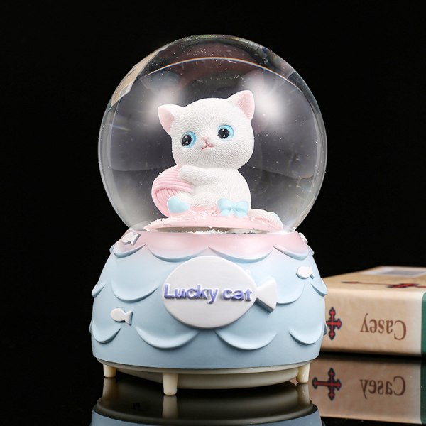 Snow Globe Resin Cat Kristall Snowball Hemdekoration med batteridrivet glittrande ljus och musik Vit katt