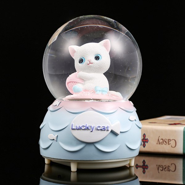 Snow Globe Resin Cat Krystall Snowball Hjemmepynt dekorasjon med batteridrevet glitrende lys og musikk Hvit katt