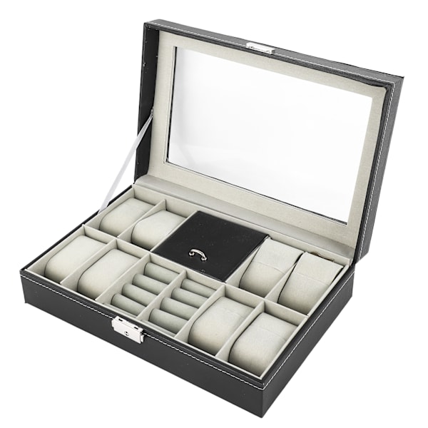 Kellon watch 8 paikka watch case, 2 lokero rengas Lukittava PU-nahkainen watch säilytyslaatikko, jossa lasikansi