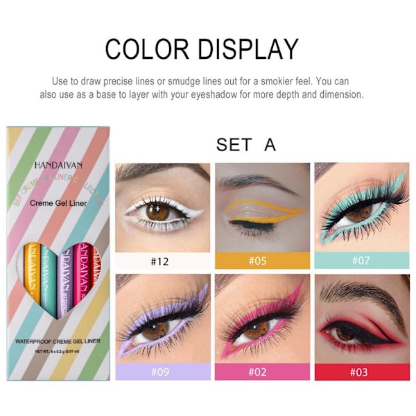 6st Färgad Eyeliner Set Vattentät Eyeliner Långvarig Eye Liner Pen Set