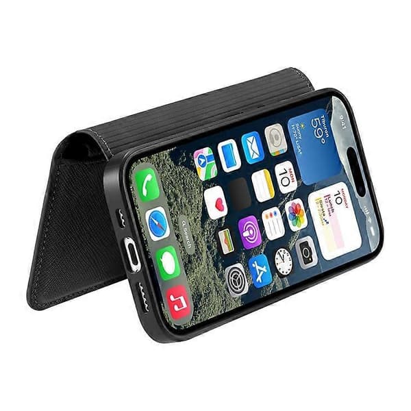 CASENEO Compatible with iPhone 16 Cross-Grain Leather Case Detachable Magnetic Phone Case Black