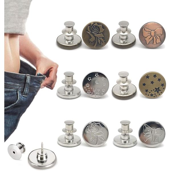 Justerbara jeansknappar - 6-pack, olika designer | Ingen sömnad krävs | Lätt att installera och återanvändbar