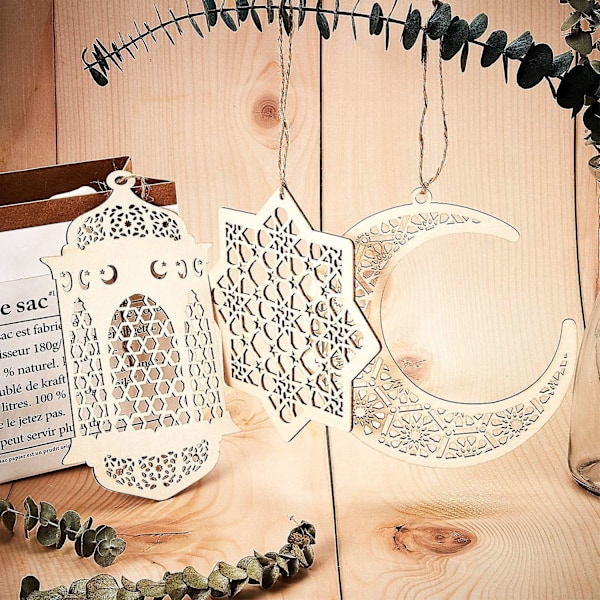 2 Sett 6 Stk Treanheng Ornament Ramadan Kareem Dekorasjon Måne Stjerne Vind Lys Form Anheng Ornament for Ramadan Mubarak Eid Dekorasjoner
