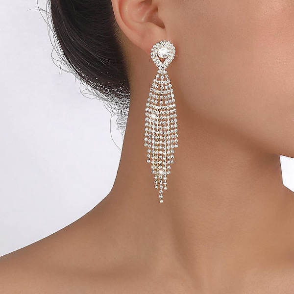 Tåreformet Krystall-Lysekrone Ørepynt Lange Kvaster Hengeøreringer Glitrende Rhinestone Damegaver Statement Ørepynt Brudesmykker (Gull)