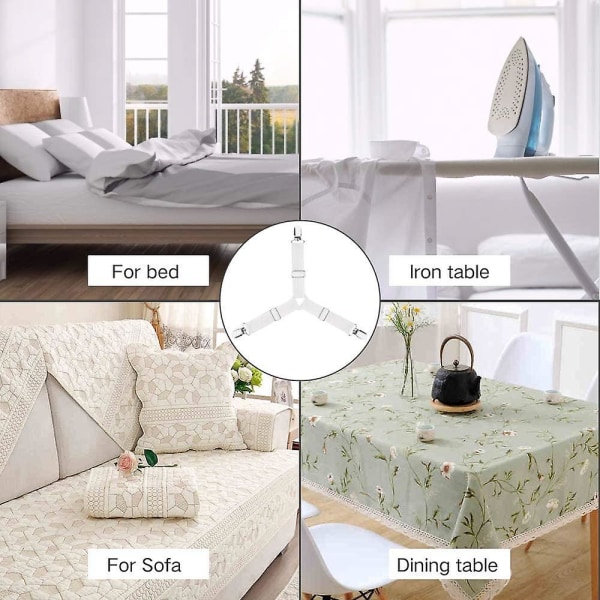 Valkoiset säädettävät kolmion joustavat solmiot – 4 set :n sarja lakanoita, patjanpäällisiä ja sohvatyynyjä varten