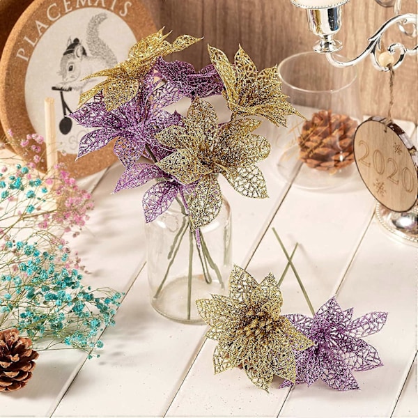 12 stk. Julepynt Glitter Gull Julestjerne, Kunstige Julestjerneblomster Juletrepynt til Juleborddekor