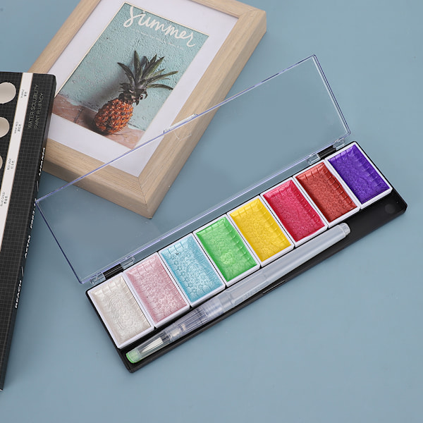8-farget fast pigment i fast akvarellmalingsett, bærbart malingssett, kunsttegningsutstyr, edelsteinfarge