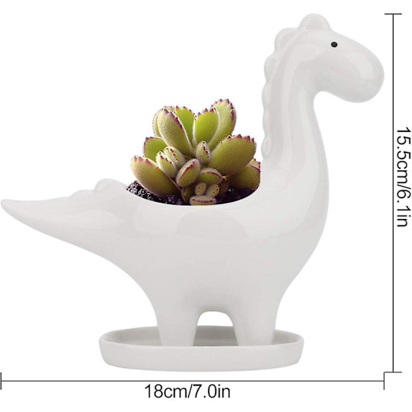 Vit keramisk dinosaurie suckulentkruka med fat - Mini inomhusväxtdekoration för hem eller kontor