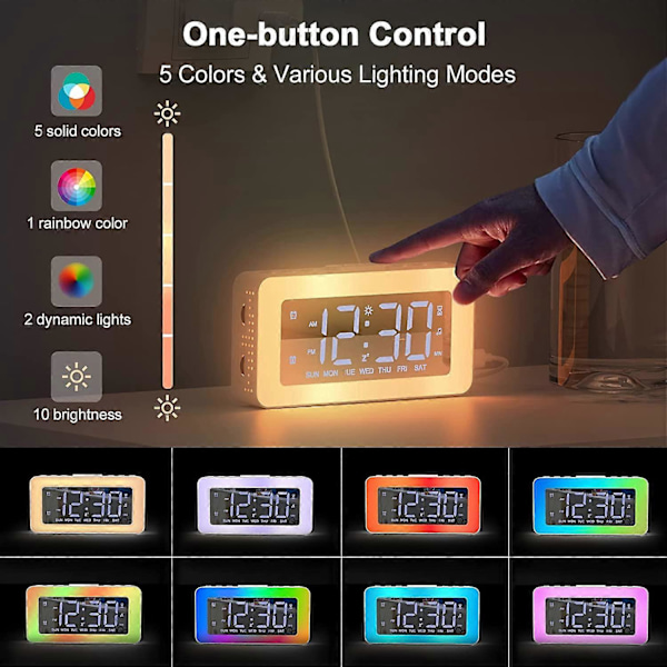 Digital Väckarklocka med 2 Alarm, LED Digital Spegelklocka med 8 Ljuslägen, Snooze, Sömnhjälp, Timer, Elektronisk Väckarklocka med Kontinuerlig