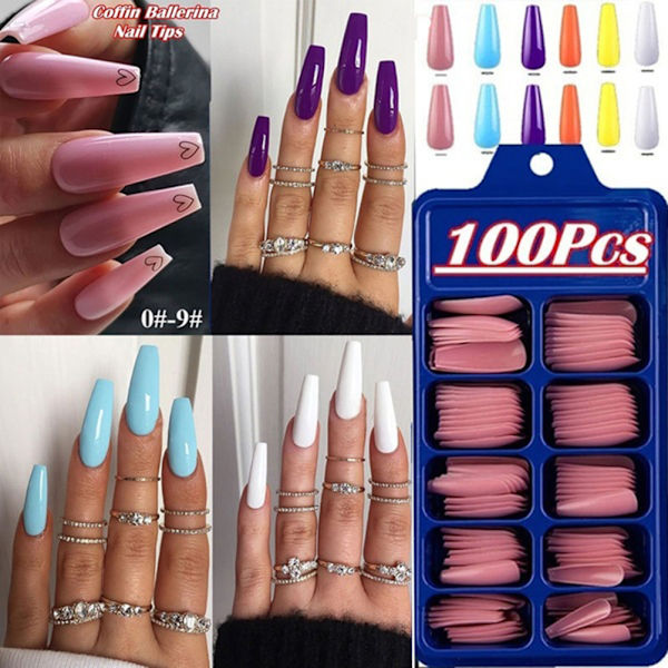 100 stk/æske Kiste Ballerina Falske Neglespidser Fulddækning Neglespidser DIY Akryl Nail Art 10 størrelser Fuldt sæt