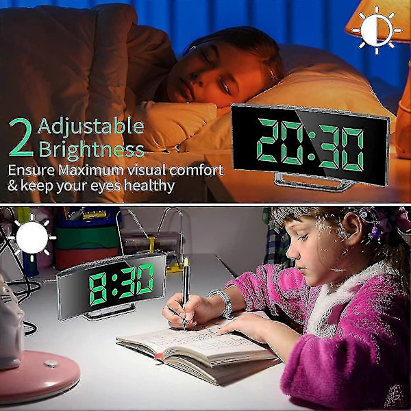 Digital Väckarklocka, 7\" LED Spegelskärm Väckning Vid Sängen, Snooze-läge (Grön)