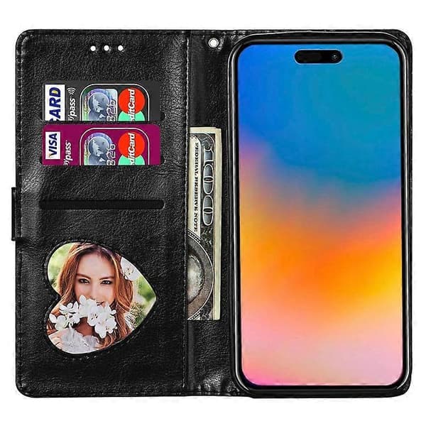 Kompatibel med iPhone 16 Pro Max Etui Glitter Læder Stativ Telefonetui Lynlåslomme Black