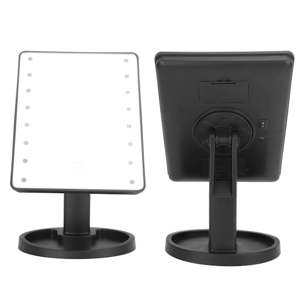 LED-sminkningsspegel, rektangulär, 16 pärlor, USB-uppladdningsbar, vinkeljusterbar, bärbar resespegel, svart PP