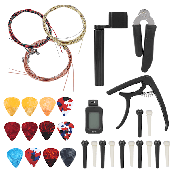 Gitarrtillbehör Kit Stämmare Strängar Byte Cutter Winder Capo Pins Picks Combo Verktyg