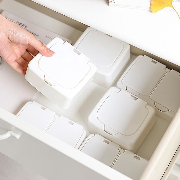 Förvaringslåda för skrivbord, liten vit förvaringslåda i plast med lock, två fack, mini-låda för småsaker