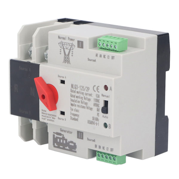 2P Dubbel Automatisk Transfer Switch Generator Transfer Omkopplingsbrytare AC110V 50Hz 60Hz 63A