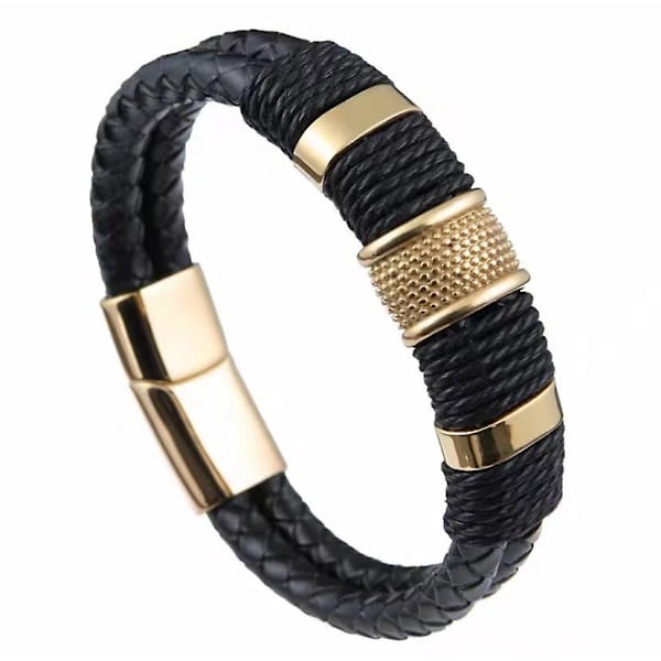 Mænds Sort Læderarmbånd med Guld Magnetisk Rustfrit Stål Spænde