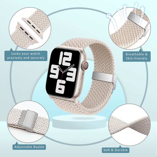 Justerbar Hvit Flettet Solo Loop Rem for Apple Watch - Kompatibel med Iwatch Series Ultra Se 8/7 - Elastisk Nylon Rem