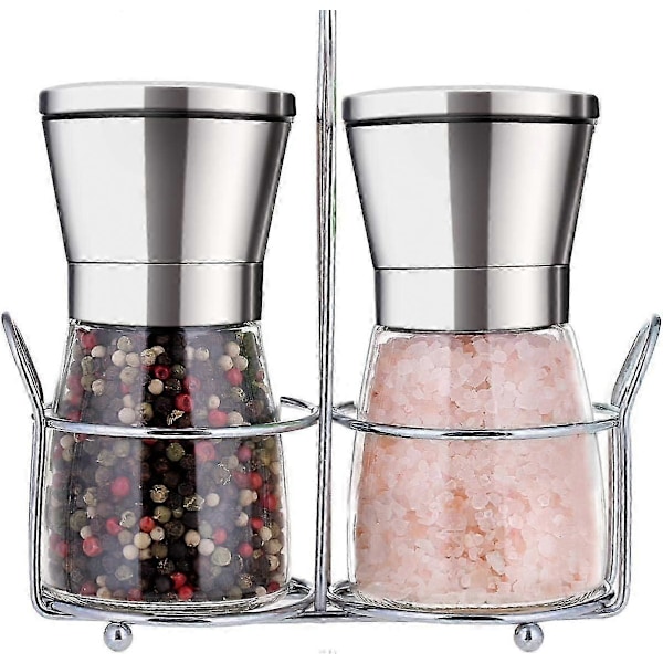 Premium Salt og Pepperkvernsett med Stativ Rustfritt Stål Manuell Krydder Justerbar Grovhet