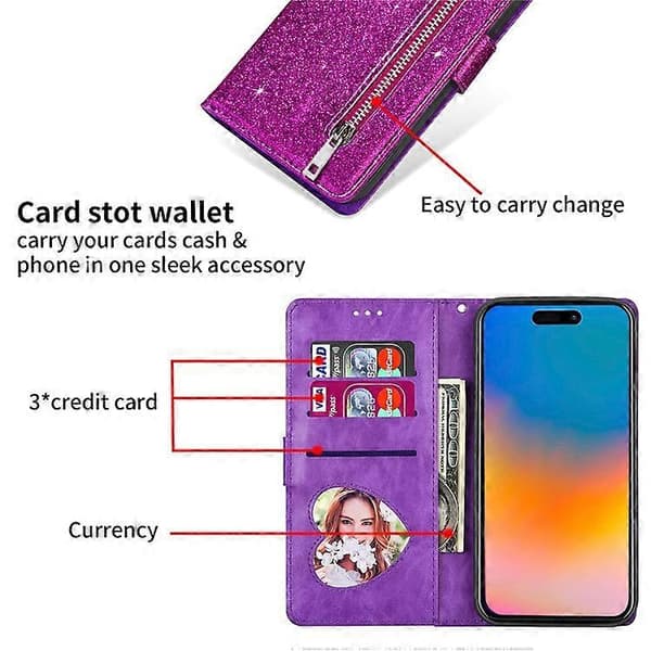 Kompatibel med iPhone 16 Pro Max Etui Glitter Læder Stativ Telefonetui Lynlåslomme Pink