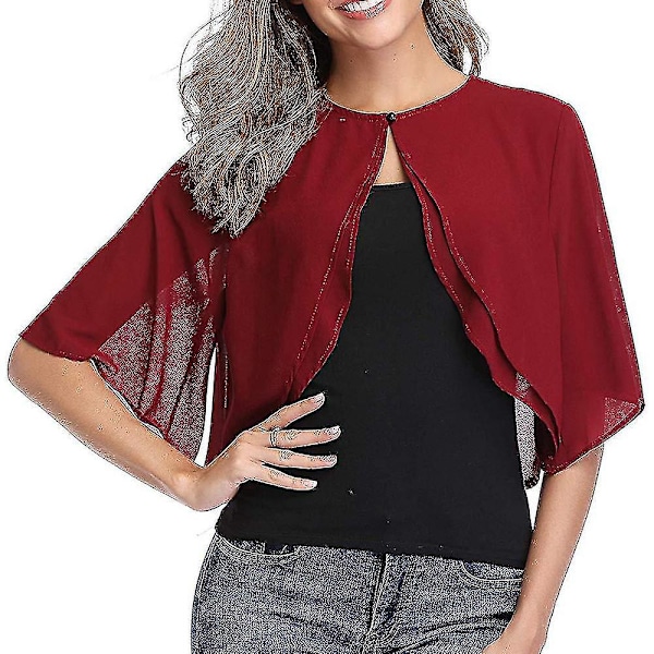 Rød Vin Chiffon Åben Front Kort Cardigan Bolero Shrug Dame Crop Top 2XL