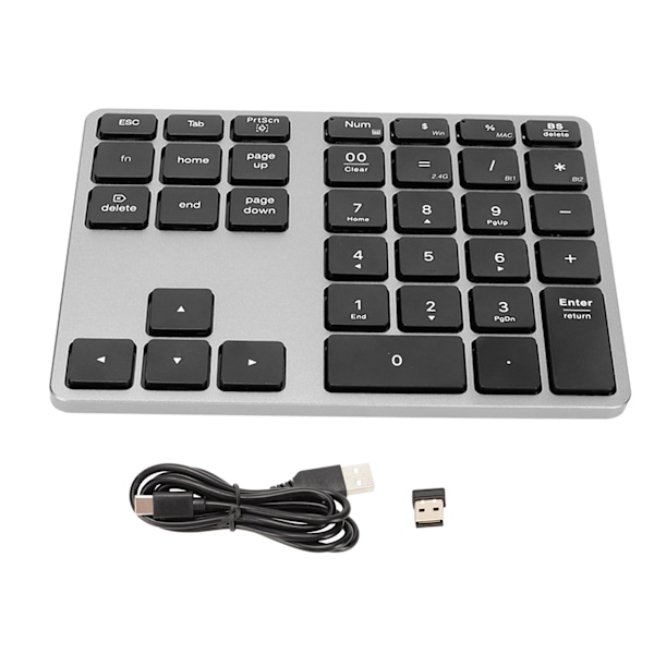 Trådløs talltastatur 35 taster aluminiumlegering ultratynn oppladbar ergonomisk numerisk tastatur for stasjonær bærbar PC nettbrett grå