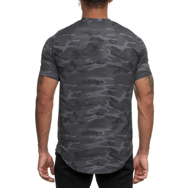 Sports T-shirt til mænd, hudvenlig, hurtigtørrende, åndbar, behagelig, rund hals, til løb, yoga, sort camouflage, M