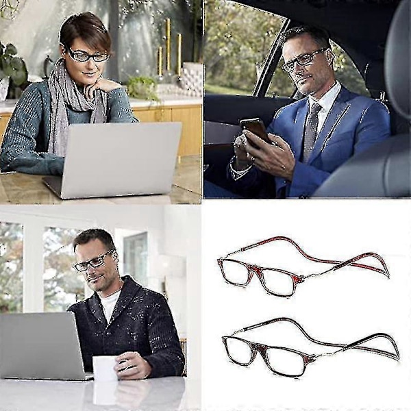Justerbare klare læsebriller - Fleksibelt magnetisk halsophæng Foldbart design Tawny glassespower100
